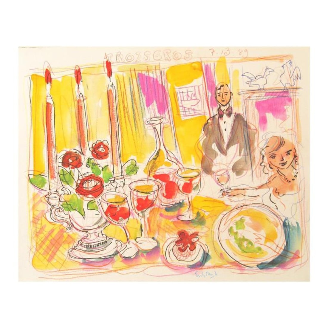 Wayne Ensrud, "Lunch at Troisgros (3-Star French Restaurant)" Mixed Media Original Artwork; Hand: Lunch at Troisgros (3-Star French Restaurant) is an original Mixed Media on Paper by Wayne Ensrud. The piece is hand signed by the artist and comes with a Certificate of Authenticity. Measures approxi