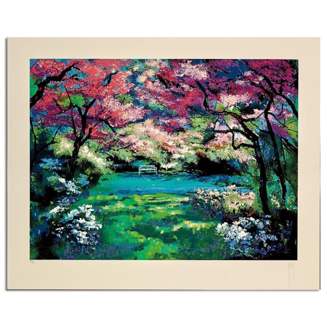 Mark King (1931-2014), "Cherry Blossom Corner" Hand Signed Limited Edition Serigraph with Letter of: Cherry Blossom Corner is a limited edition serigraph on paper by Mark King (1931-2014). Hand signed and numbered, this piece comes with a letter of authenticity and measures approximately 27" x 36" (i