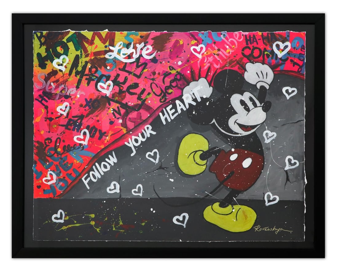 Nastya Rovenskaya- Original Mixed Media on Paper "mickey Is The Boss": Artist: Nastya Rovenskaya. Medium: Original Mixed Media on Paper. Title: mickey Is The Boss. Size: 30" x 40". Measures approx. 36" x 46" (framed). Signature: Hand Signed by the artist. Certificate of 