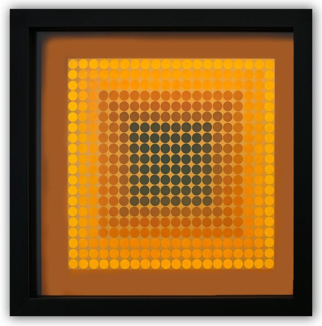 Victor Vasarely- Heliogravure Print "Untitled": Artist: Victor Vasarely. Medium: Heliogravure Print. Title: Untitled. Size: 11" x 11". Measures approx. 12" x 12" (framed). Certificate of Authenticity: Is Included. Additional: Custom Framed. Referen