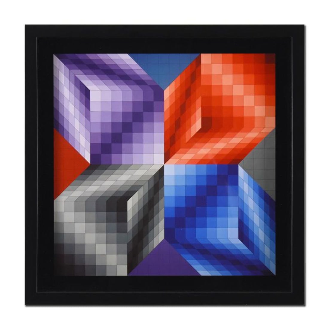 Victor Vasarely (1908-1997), "Kub-Stri (1972)" Framed Heliogravure Print with Letter of Authenticity: Kub-Stri (1972) is a heliogravure print on paper by Victor Vasarely (1908-1997). This piece comes custom framed. Includes Letter of Authenticity. Measures approx. 17" x 17" (frame), 14" x 14"
