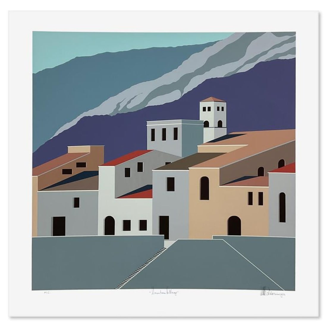 William Schlesinger (1915-2011), "Mountain Village" Limited Edition Serigraph from an HC Edition,: Mountain Village is a limited edition serigraph from an HC Edition on paper by William Schlesinger (1915-2011), hand signed by the artist. Includes Letter of Authenticity. Measures approx. 33.5" x 34"