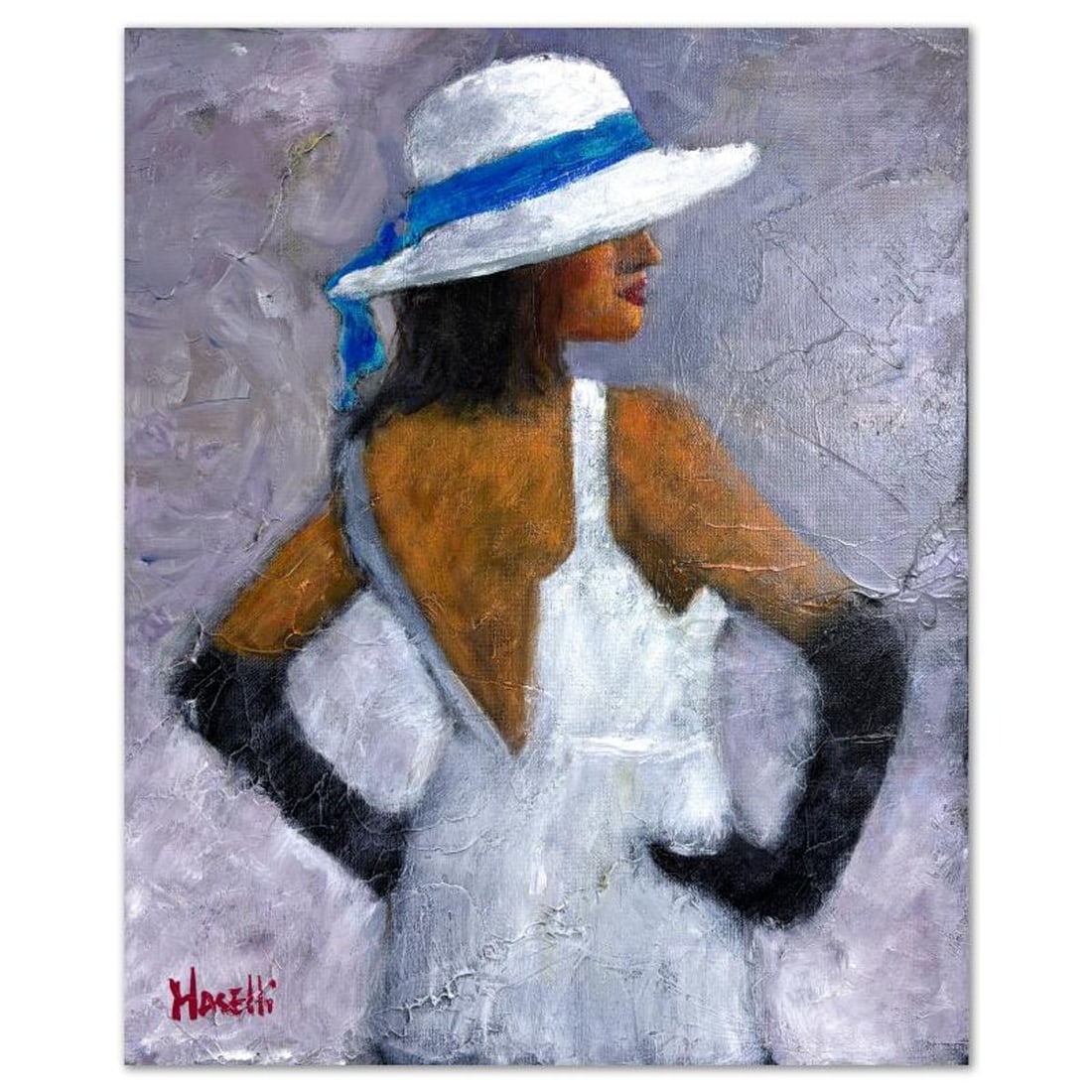 Michael Maselli, "In the Purple Room" Original Painting on Canvas, Hand Signed with Letter of: In the Purple Room is an original painting on stretched canvas by Michael Maselli, hand signed by the artist. Includes Letter of Authenticity. Measures approx. 20" x 16" (image).