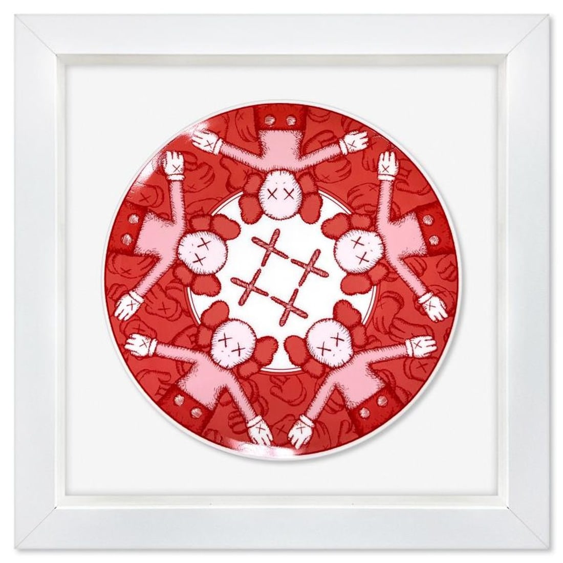 KAWS, Framed Porcelain Plate.: This is a porcelain plate by KAWS. This plate is custom framed and floated on linen. Measures approx. 14.5" x 14.5" (frame), 9" (plate diameter). This item requires special handling and may have a