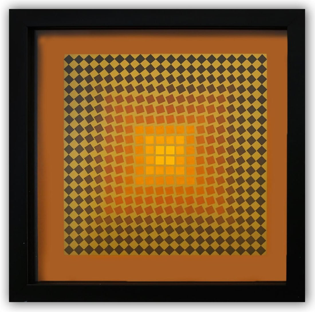 Victor Vasarely- Heliogravure Print "Untitled": Artist: Victor Vasarely. Medium: Heliogravure Print. Title: Untitled. Size: 11" x 11". Measures approx. 12" x 12" (framed). Certificate of Authenticity: Is Included. Additional: Custom Framed. Referen