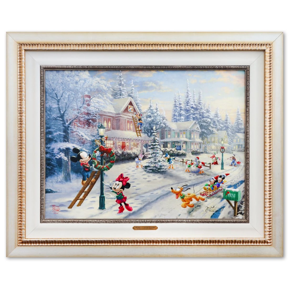 Thomas Kinkade- Hand Embellished Giclee on Canvas "Micket's Victorian Christmas": Artist: Thomas Kinkade. Medium: Hand Embellished Giclee on Canvas. Title: Micket's Victorian Christmas. Size: 17" x 24". Measures approx. 27" x 33" (framed). Signature: Hand signed and numbered.