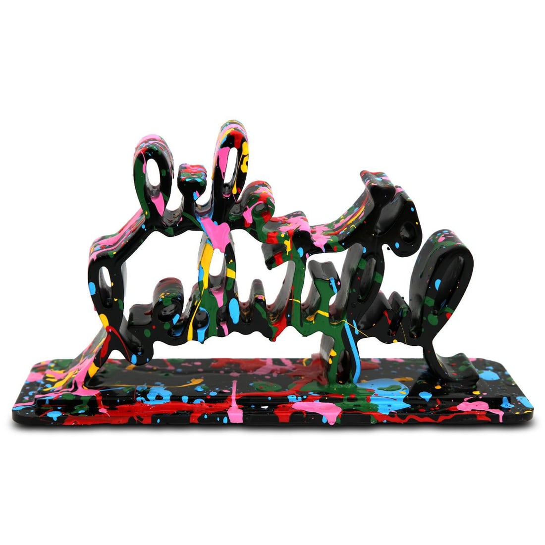 Mr Brainwash- Acrylic Dipped and Splashed Cast Resin Sculpture in Plexiglass Enclosure "Life Is: Artist: Mr Brainwash. Medium: Acrylic Dipped and Splashed Cast Resin Sculpture in Plexiglass Enclosure. Title: Life Is Beautiful - Dipped Black Splash, 2020. Size: 6" x 10.5". Signature: Signed and nu