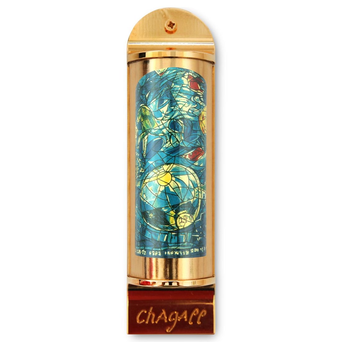 Marc Chagall- Mezuzah/ Silkscreen on 24K gold plated bronze "Simeon": Artist: Marc Chagall. Medium: Mezuzah/ Silkscreen on 24K gold plated bronze. Title: Simeon. Size: 5.1" x 1.4". Certificate of Authenticity: Is included. Additional: Limited edition of 1800. Full color