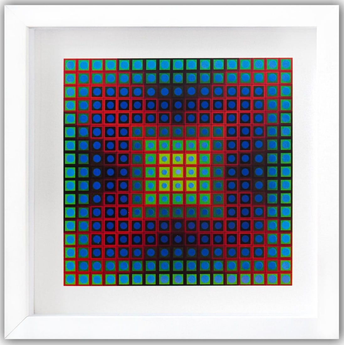 Victor Vasarely- Heliogravure Print "Kezdi": Artist: Victor Vasarely. Medium: Heliogravure Print. Title: Kezdi. Size: 10" x 10". Measures approx. 12" x 12" (framed). Additional: Custom Framed , 1971. Reference#: 21365.