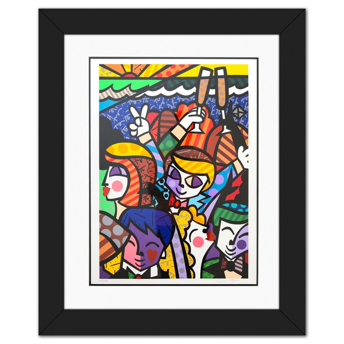 Romero Britto- Serigraph "Celebration": Artist: Romero Britto. Medium: Serigraph. Title: Celebration . Size: 25" x 18". Measures approx. 36" x 29" (framed). Signature: Hand signed and numbered. Certificate of Authenticity: Is included. Addi