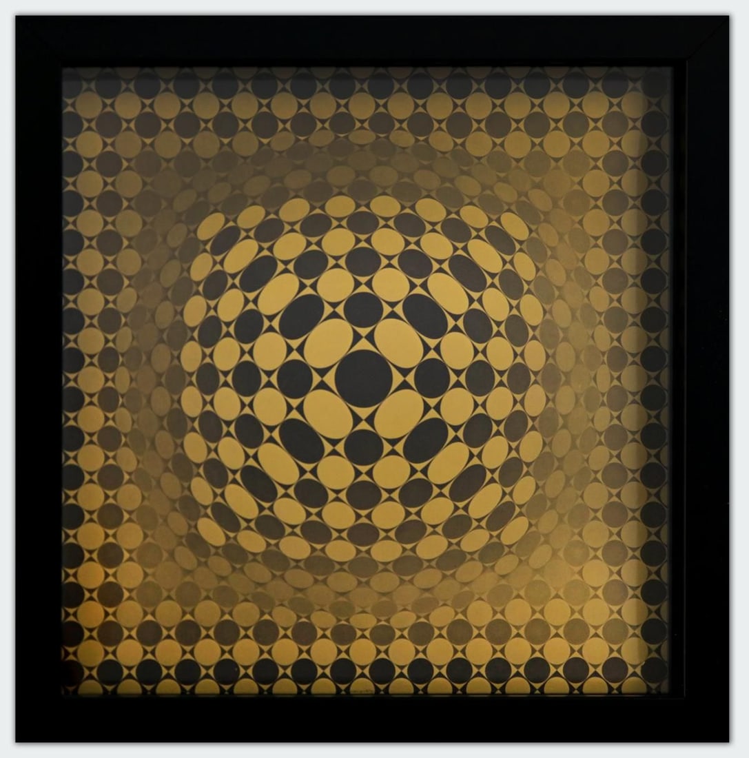 Victor Vasarely- Heliogravure Print "Untitled": Artist: Victor Vasarely. Medium: Heliogravure Print. Title: Untitled. Size: 10" x 10". Measures approx. 12" x 12" (framed). Additional: Custom Framed. Reference#: 21500.
