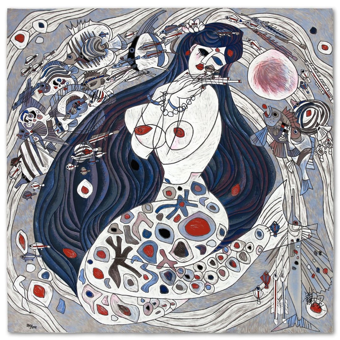 Jian Tie Feng- Silkscreen "White Mermaid": Artist: Jian Tie Feng. Medium: Silkscreen. Title: White Mermaid. Size: 32" x 32". Signature: Hand Signed and Numbered. Reference#: 80544.