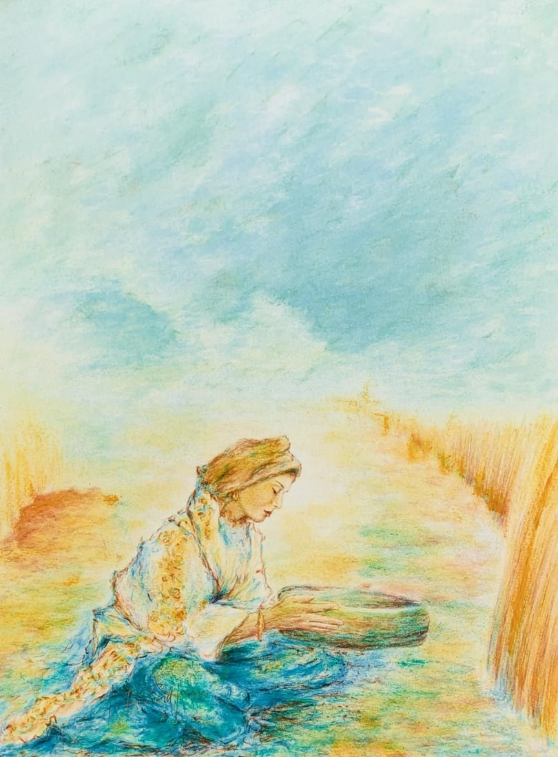 Itzhak Tordjman- Pastel paint over lithograph on paper "From the Woman of Valor series": Artist: Itzhak Tordjman. Medium: Pastel paint over lithograph on paper. Title: From the Woman of Valor series. Size: 18" x 14". Signature: Hand signed. Reference#: 28096.