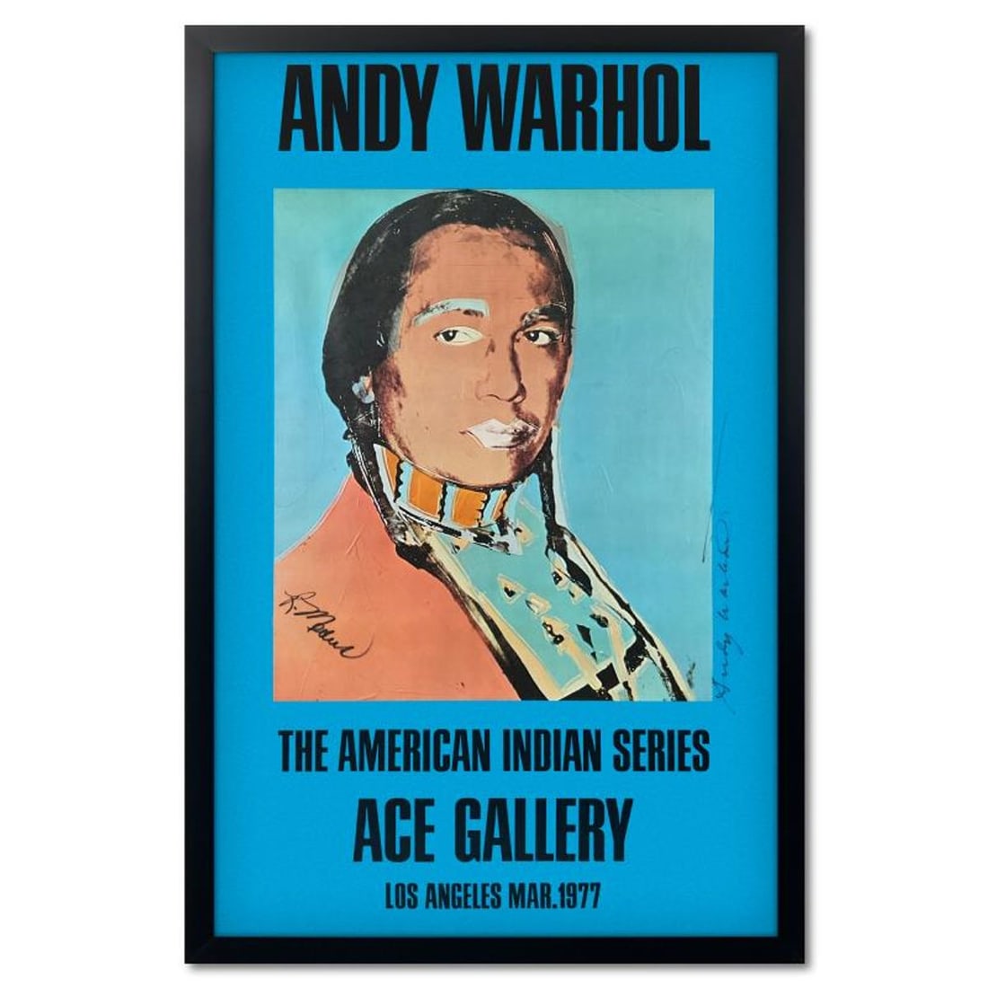 Andy Warhol (1928-1987), "The American Indian Series (Blue)" Framed Vintage Poster (51" x 33") from: The American Indian Series is a vintage poster (1977) by Andy Warhol (1928-1987) from the Ace Gallery, Los Angeles, CA, hand signed by the artist and Russell Means (1939-2012). This piece comes custom