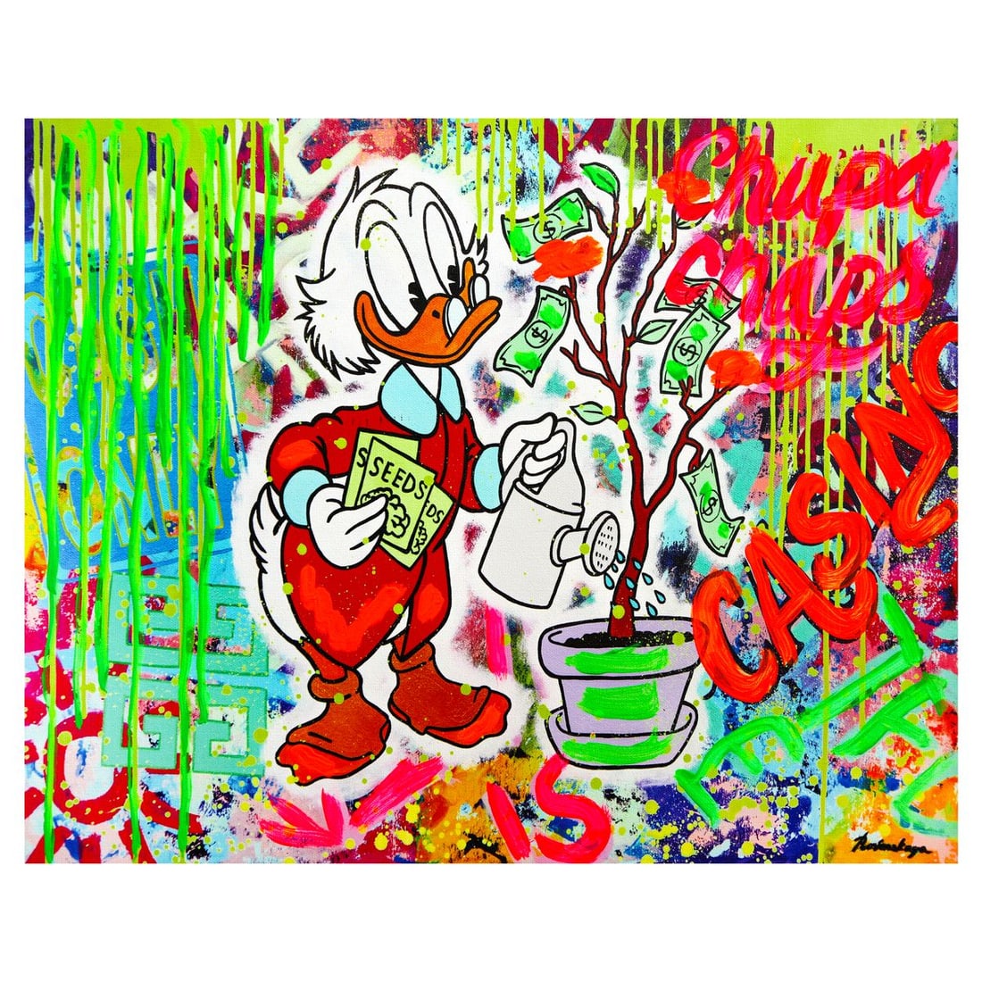 Nastya Rovenskaya- Mixed Media on Canvas "Duck Tales of Love & Loo": Artist: Nastya Rovenskaya. Medium: Mixed Media on Canvas. Title: Duck Tales of Love & Loo. Size: 16" x 20". Signature: Hand signed. Certificate of Authenticity: Is included. Reference#: 49417.