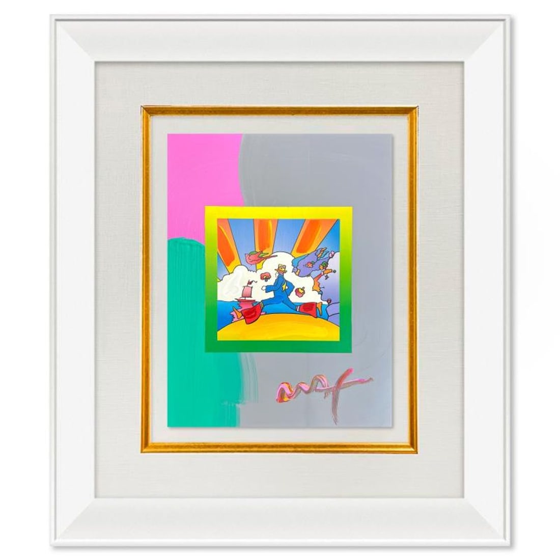 Peter Max, "Cosmic Runner" Framed One-of-a-Kind Acrylic Mixed Media, Hand Signed with Registration: Cosmic Runner is a hand signed one-of-a-kind acrylic mixed media on paper by Peter Max. The piece comes custom framed with a backside cutout to display Peter Max Studio registration number 269180 cert