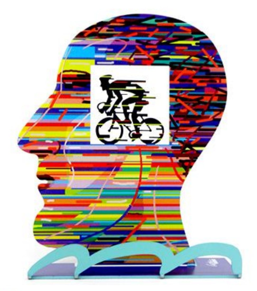 David Gerstein- Free Standing Sculpture "Head Cyclist": Artist: David Gerstein. Medium: Free Standing Sculpture. Title: Head Cyclist. Size: 7.9" x 6.7". Signature: Signed by the artist. Certificate of Authenticity: Is included. Additional: This piece is