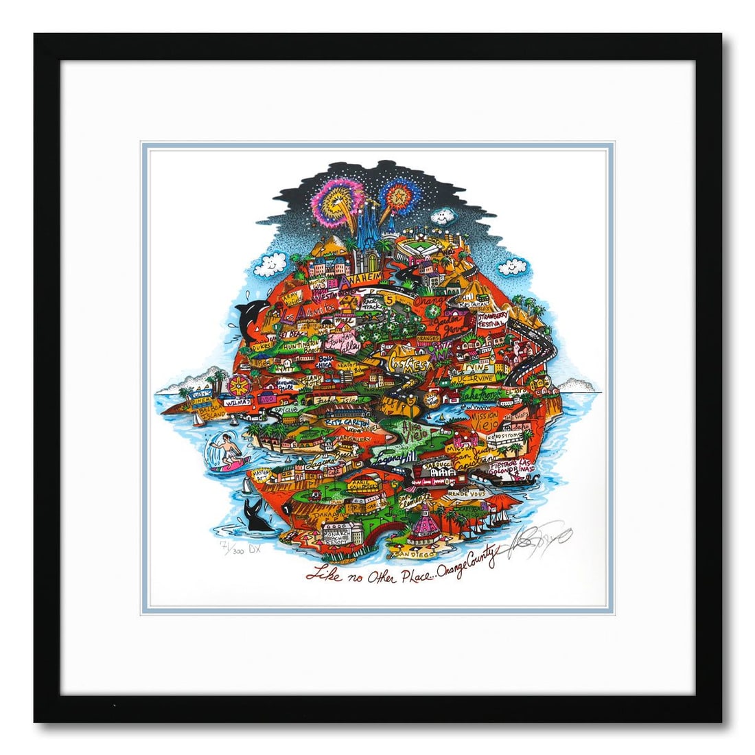 Charles Fazzino- 3D Construction Silkscreen Serigraph "Like No Other Place,Orange County": Artist: Charles Fazzino. Medium: 3D Construction Silkscreen Serigraph. Title: Like No Other Place,Orange County. Size: 13" x 13". Measures approx. 19" x 19" (framed). Signature: Hand Signed and Number
