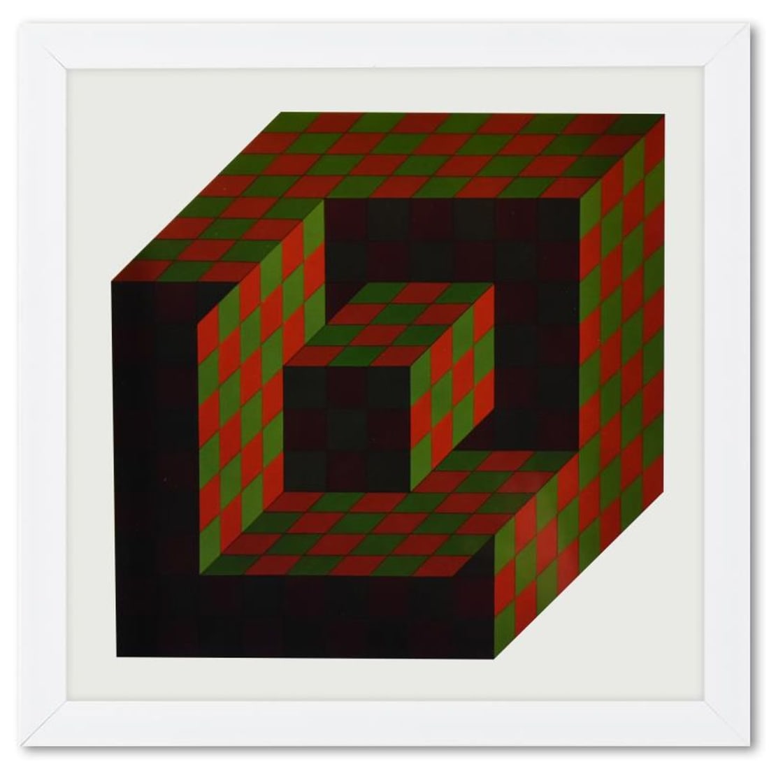 Victor Vasarely (1908-1997), "Bidim de la serie Structures Universelles De L'Hexagone" Framed 1975: Bidim de la serie Structures Universelles De L'Hexagone is a heliogravure print on paper, published in 1975, by Victor Vasarely (1908-1997). This piece comes custom framed, with a letter of authentici