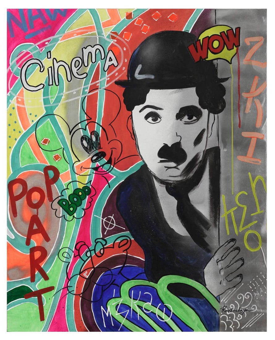 Nastya Rovenskaya- Original Oil on Canvas "Chaplin Is Hiding": Artist: Nastya Rovenskaya. Medium: Original Oil on Canvas. Title: Chaplin Is Hiding. Size: 30" x 24". Signature: Hand Signed by the artist. Certificate of Authenticity: From the publisher.