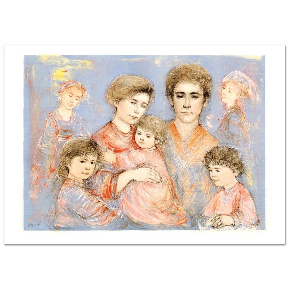 Michael's Family Limited Edition Lithograph (36" x 26") by Edna Hibel (1917-2014), Numbered and Hand: Michael's Family is a limited edition lithograph on paper, numbered and hand signed by Edna Hibel (1917-2014). Includes Certificate of Authenticity! Measures approx. 42" x 30" (with border), 36" x 26"