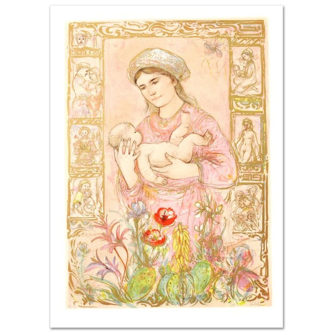 Raquela Limited Edition Lithograph by Edna Hibel (1917-2014), Numbered and Hand Signed with: Raquela is a limited edition lithograph on paper, numbered and hand signed by Edna Hibel (1917-2014). Includes Certificate of Authenticity! Measures approx. 27" x 37.5" (with border), 23" x 33" (image