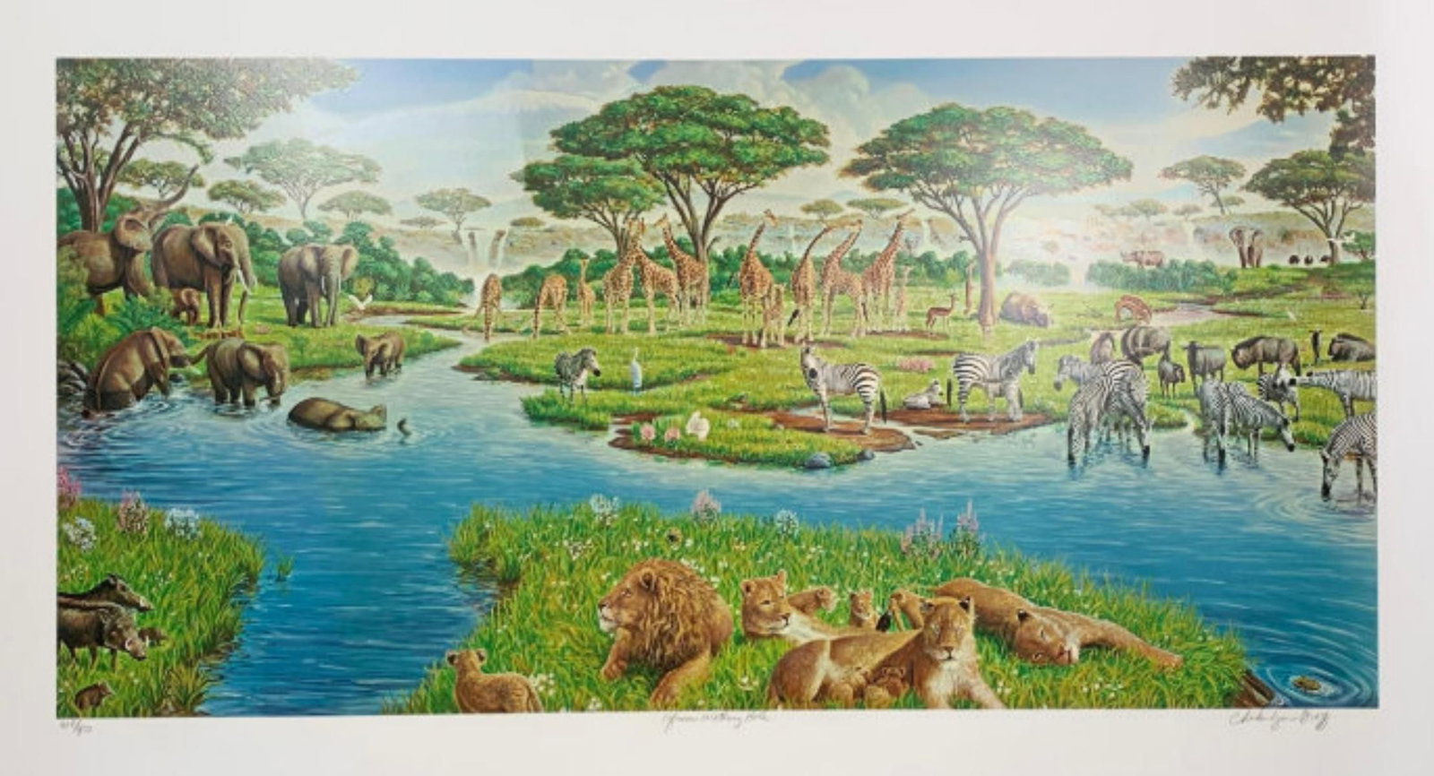 Charles Lynn Bragg's- Limited Edition serigraph "African Watering Hole": Artist: Charles Lynn Bragg's. Medium: Limited Edition serigraph. Title: African Watering Hole. Size: 24" x 48". Signature: Hand Signed and Numbered. Reference#: 81678.