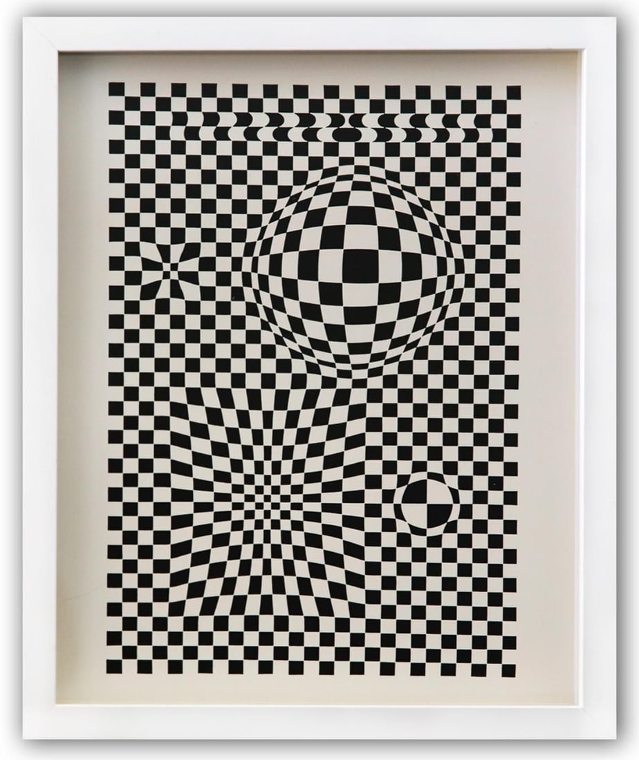 Victor Vasarely- Heliogravure Print "Untitled": Artist: Victor Vasarely. Medium: Heliogravure Print. Title: Untitled. Size: 14" x 11". Measures approx. 15" x 12" (framed). Additional: Custom Framed. Reference#: 21590.