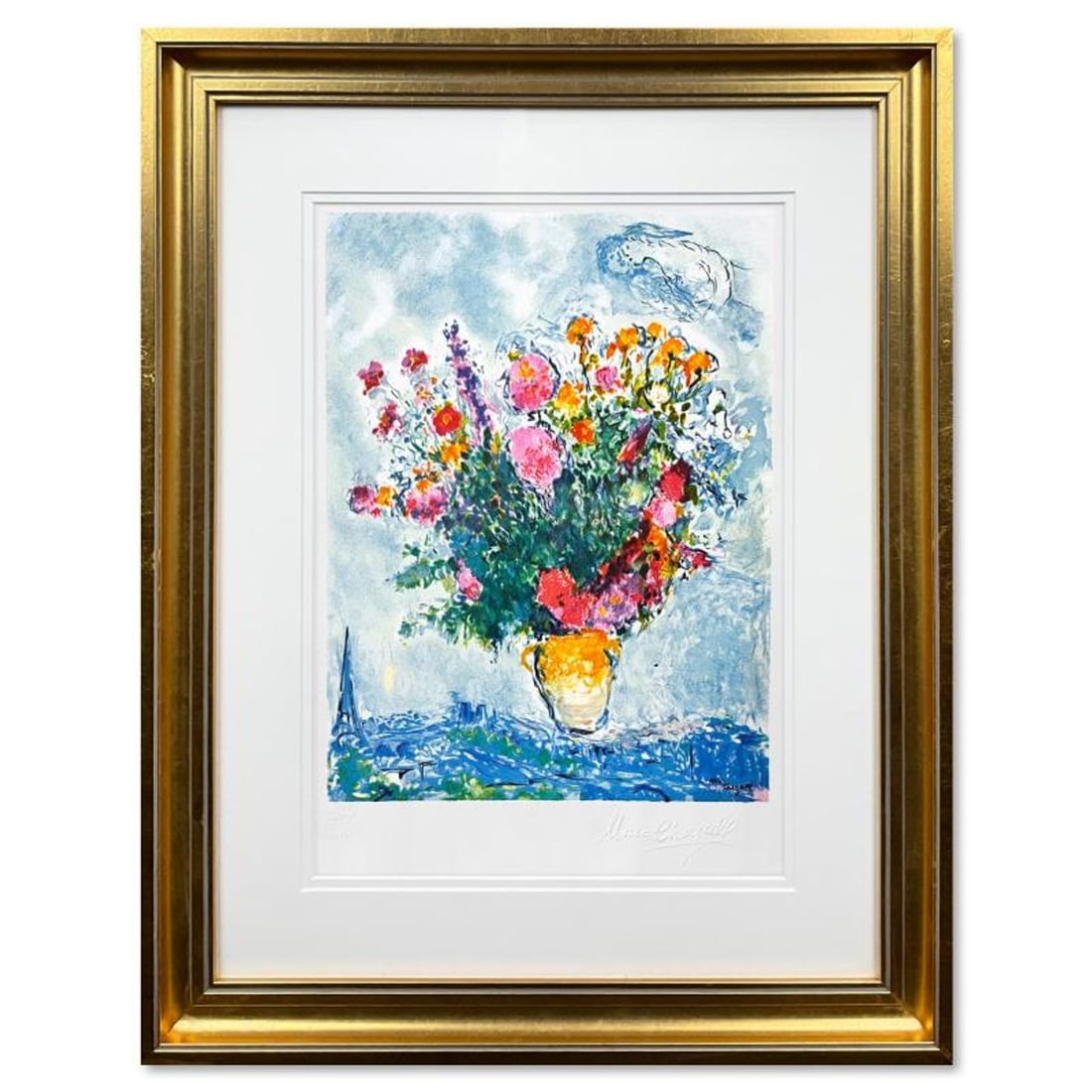 Marc Chagall (1887-1985), "Le Bouquet Et La Tour Eiffel" Framed Limited Edition Lithograph with: Le Bouquet Et La Tour Eiffel is a framed limited edition lithograph on paper by Marc Chagall (1887-1985) authorized by the Chagall Estate and ADAGP Paris. The piece is plate signed and comes with a le