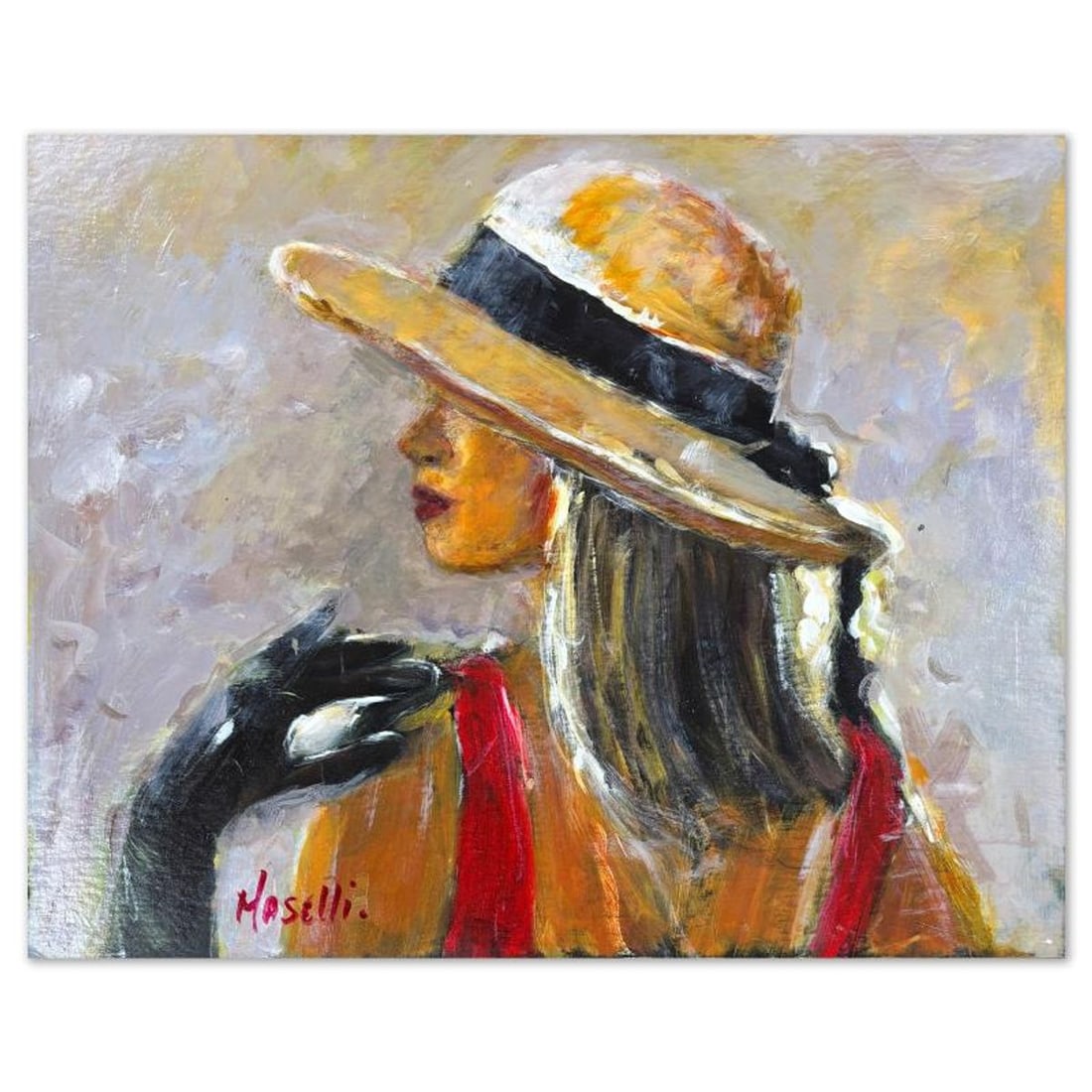 Michael Maselli, "Red Dress Tonight" Original Painting on Board, Hand Signed with Letter of: Red Dress Tonight is an original painting on board by Michael Maselli, hand signed by the artist. Includes Letter of Authenticity. Measures approx. 16" x 20" (image). There is a very small dark spot t