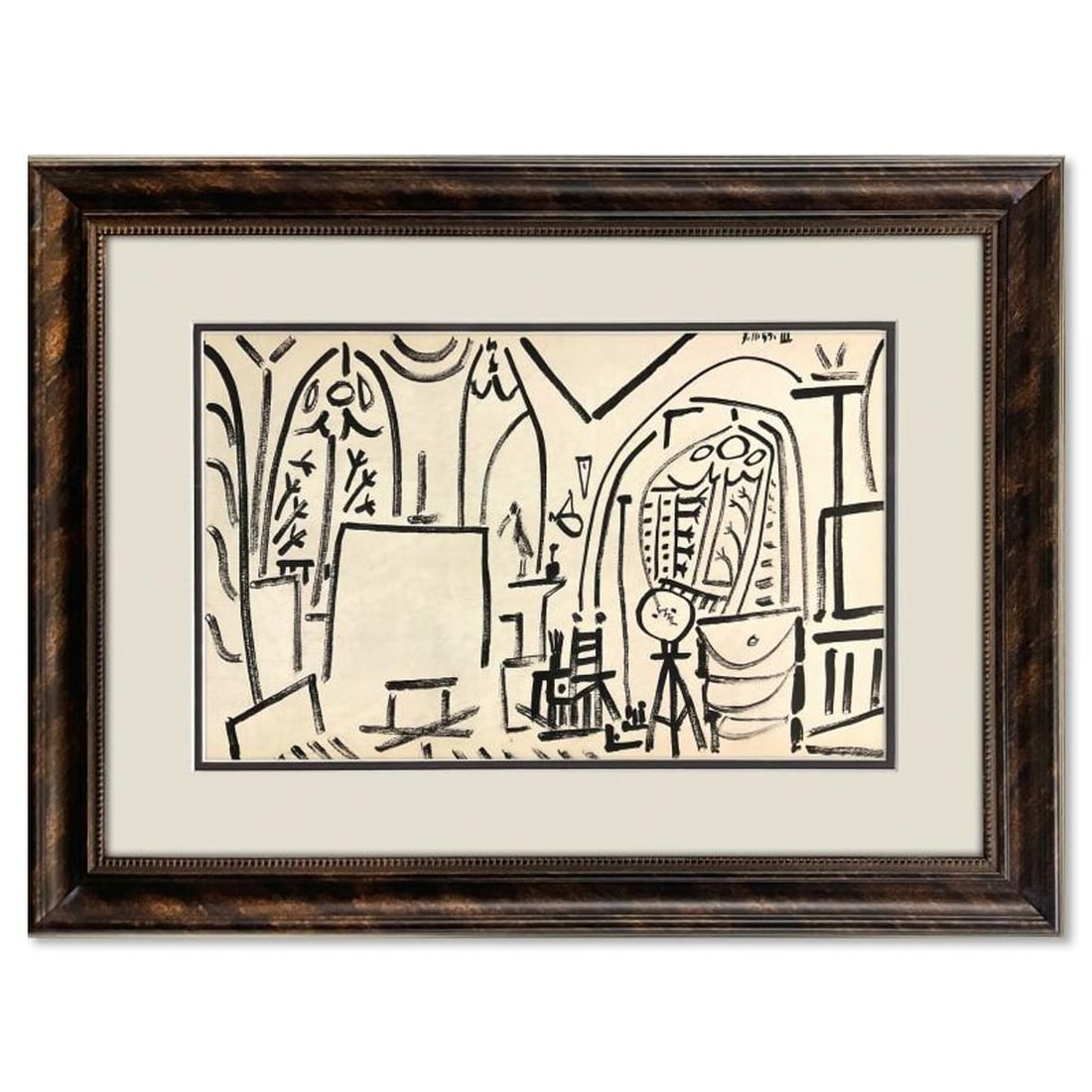 Pablo Picasso (1881-1973), "Carnet de Californie 3.11.55-III" Framed Vintage Lithograph on Paper: Carnet de Californie 3.11.55-III is a vintage lithograph on paper by Pablo Picasso (1881-1973). This piece is from Picasso's Carnet de Californie Series and was printed in Paris, France by Mourlot Stu