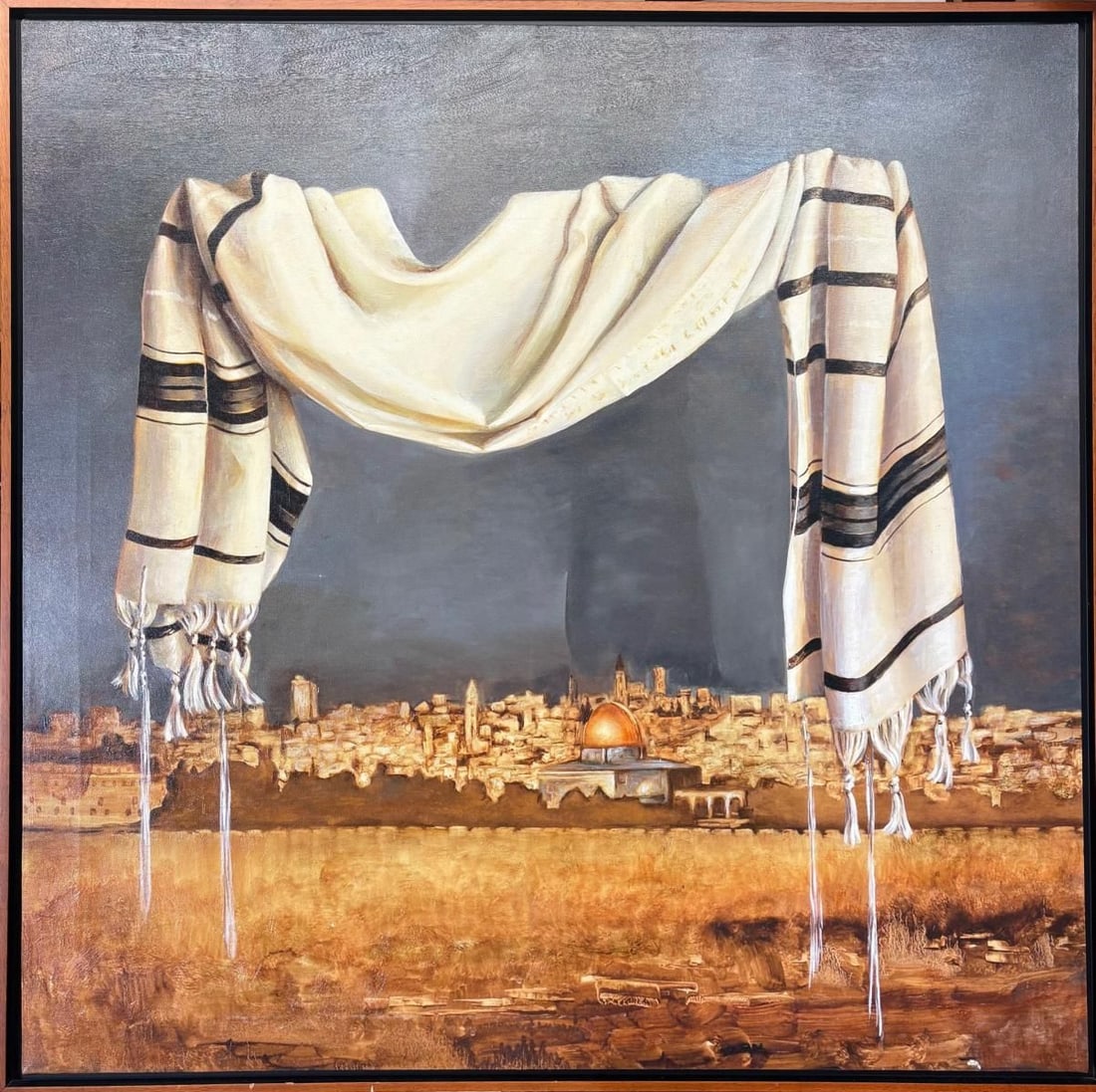 Conchita- Embellished giclee on canvas "Tallit Over Jerusalem": Artist: Conchita. Medium: Embellished giclee on canvas. Title: Tallit Over Jerusalem. Size: 40" x 40". Reference#: 33363.