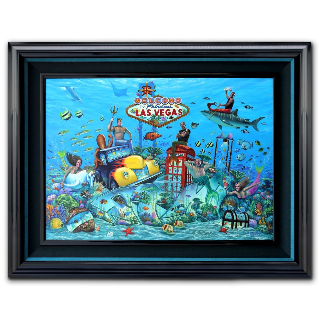 Wil Cormier- Original Mixed Media Oil on Canvas "Tanking with ATM": Artist: Wil Cormier. Medium: Original Mixed Media Oil on Canvas. Title: Tanking with ATM. Size: 28" x 39". Measures approx. 42" x 53" (framed). Signature: Hand signed. Certificate of Authenticity: Is 
