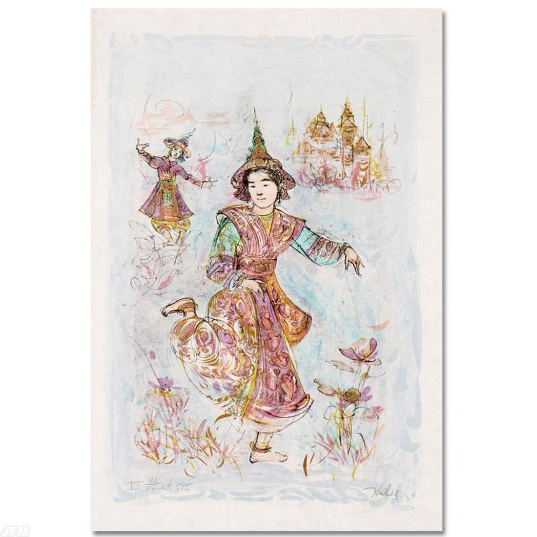 Thai Dancers Limited Edition Lithograph by Edna Hibel, Numbered and Hand Signed with Certificate of: Wild lines and muted colors make Edna Hibel's art stand out in any room. "Thai Dancers" is a limited edition lithograph on paper, numbered and hand signed by Hibel. Includes Certificate of Authenticit