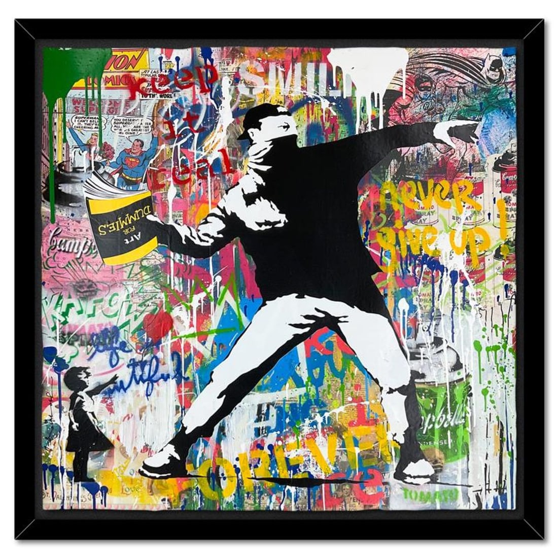 Mr. Brainwash, "Banksy Thrower" Framed Mixed Media Original, Hand Signed with Certificate of: Banksy Thrower is a mixed media original on deckle edge paper by Mr. Brainwash, hand signed and bearing the thumbprint of the artist inverso. This piece comes custom framed. Includes Certificate of Au