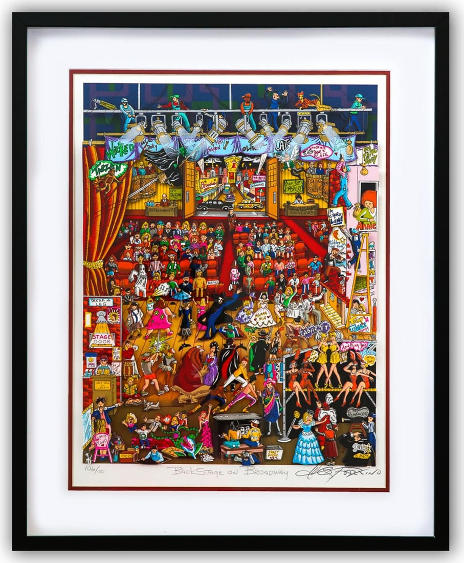Charles Fazzino- 3D Construction Silkscreen Serigraph "Backstage on Broadway (Red)": Artist: Charles Fazzino. Medium: 3D Construction Silkscreen Serigraph. Title: Backstage on Broadway (Red). Size: 20" x 16". Measures approx. 27" x 22" (framed). Signature: Hand Signed and Numbered by 