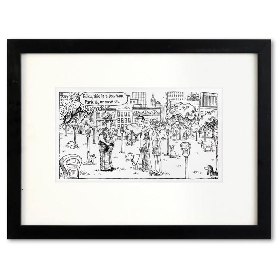 Bizarro, "Dog Park" is a Framed Original Pen & Ink Drawing by Dan Piraro, Hand Signed with Letter of: Enter a surreal and satirical world of twisted imagination and award winning creativity. "Dog Park" is an original pen & ink drawing on paper by Dan Piraro, creator of the critically acclaimed and awa