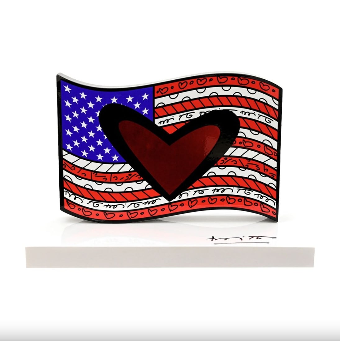Romero Britto- Resin Sculpture with Hand Embellishments "American Flag": Artist: Romero Britto. Medium: Resin Sculpture with Hand Embellishments. Title: American Flag. Size: 9.75" x 8.5". Signature: Hand signed by the artist and includes an exclusive hologram. Certificate 