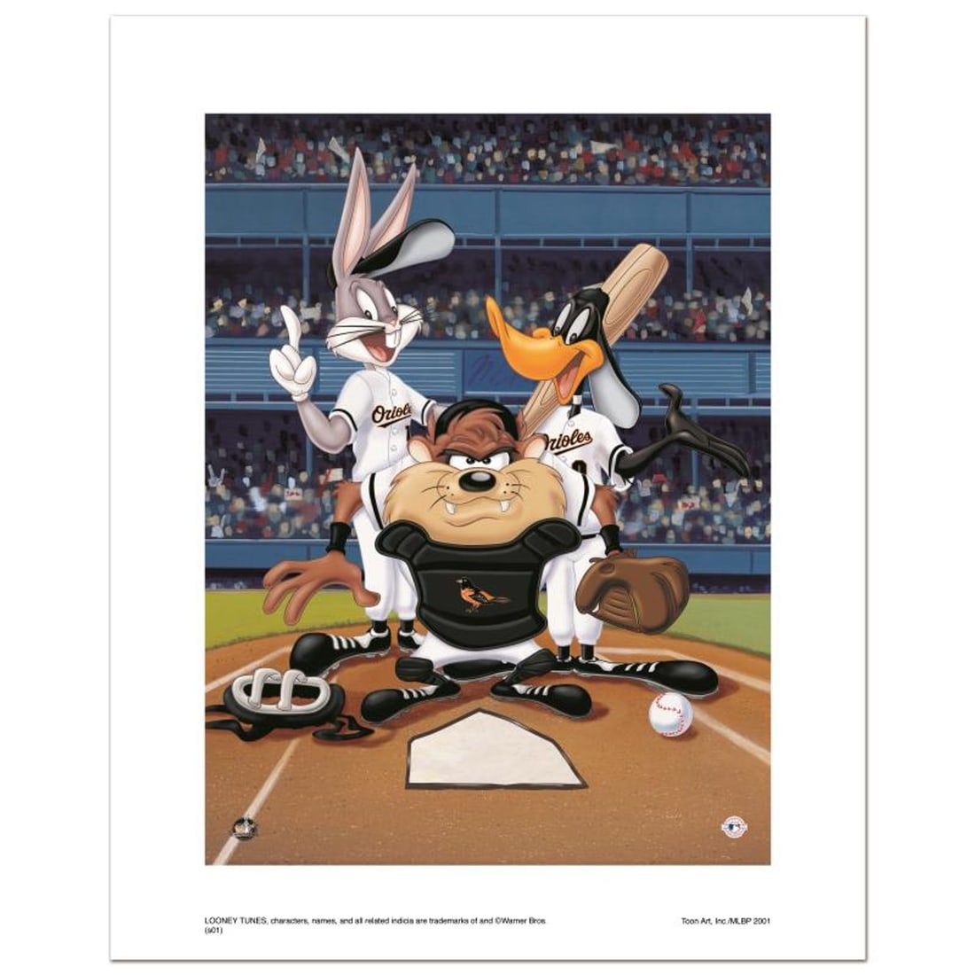 At the Plate (Orioles) Numbered Limited Edition Giclee from Warner Bros. with Certificate of: At the Plate (Orioles) is a limited edition giclee on paper from Warner Bros. featuring iconic Looney Tunes characters in Baltimore Orioles MLB uniforms. It comes numbered, with hologram seal, and a C