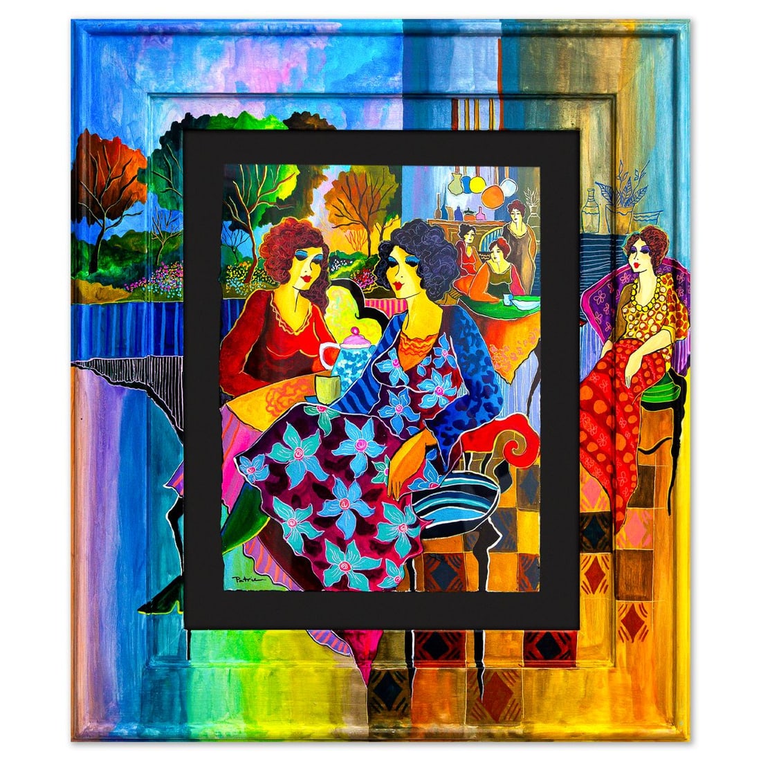 Patricia Govezensky- Original Watercolor with Hand Painted Frame "Ladies of the Left Bank": Artist: Patricia Govezensky. Medium: Original Watercolor with Hand Painted Frame. Title: Ladies of the Left Bank. Size: 15" x 11". Measures approx. 26" x 22" (framed). Signature: Hand Signed by the