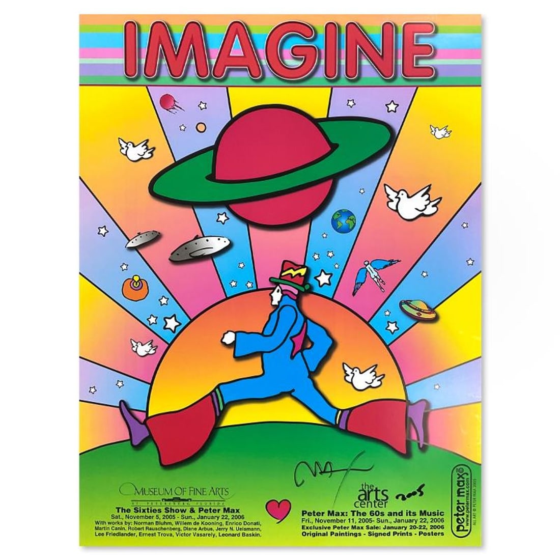 Peter Max, "Imagine" Hand Signed Poster with Letter of Authenticity.: Imagine is a poster on paper by Peter Max, hand signed by the artist. Includes Letter of Authenticity. Measures approx. 24" x 18" (image). Reference#: 92647.