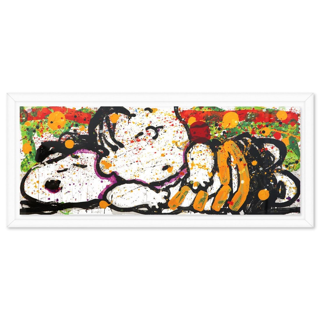 Tom Everhart- Hand Pulled Original Lithograph "Snooze Alarm Boogie, 7:15 AM": Artist: Tom Everhart. Medium: Hand Pulled Original Lithograph. Title: Snooze Alarm Boogie, 7:15 AM. Size: 20" x 52". Measures approx. 25" x 57" (framed). Signature: Hand signed and numbered. Certifica
