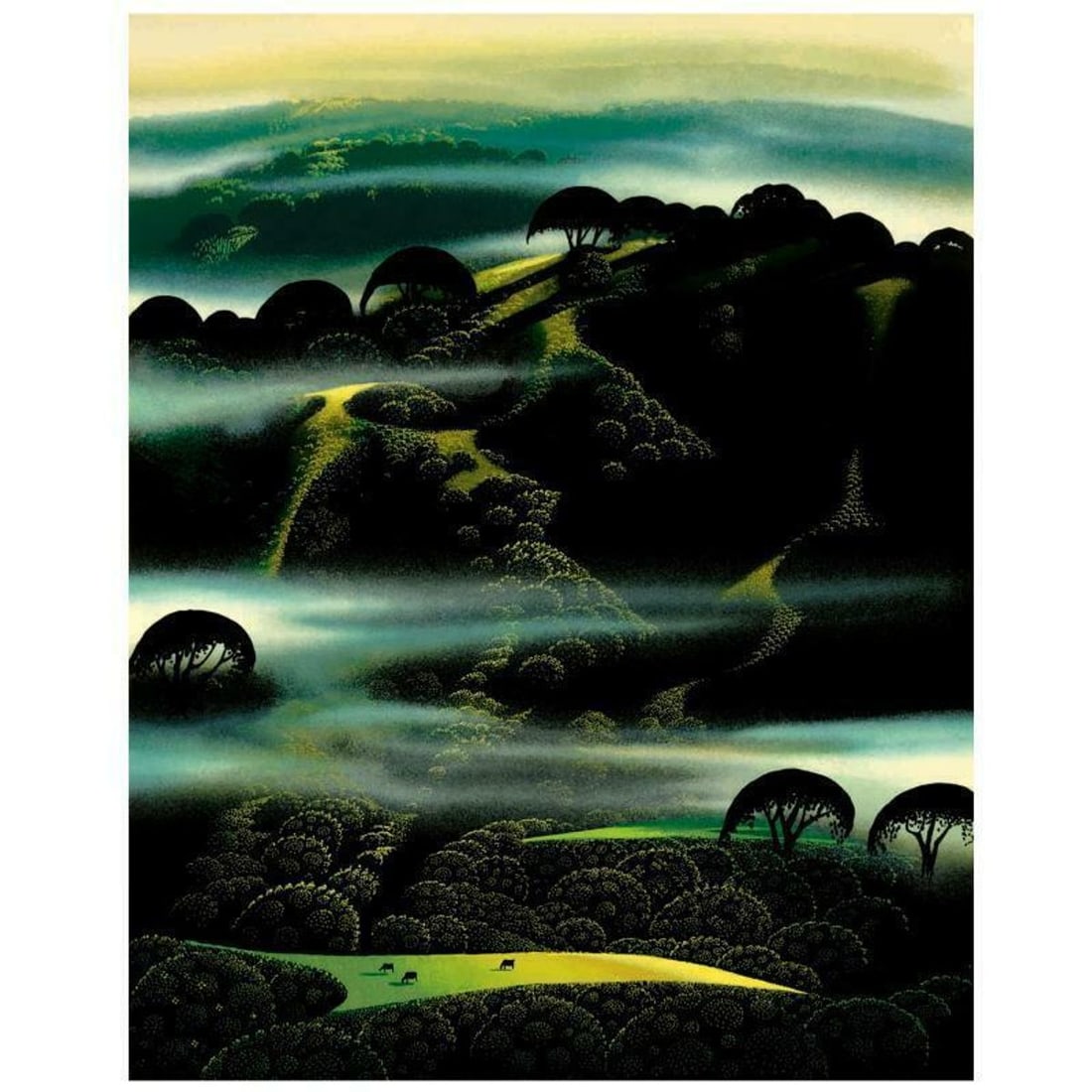 Eyvind Earle (1916-2000), "Fog Draped Hills" Limited Edition Serigraph on Paper; Numbered & Hand: Fog Draped Hills is a limited edition serigraph on paper by Eyvind Earle (1916-2000). The piece is numbered, hand-signed by the artist, and accompanied by a certificate of authenticity. Measures appro
