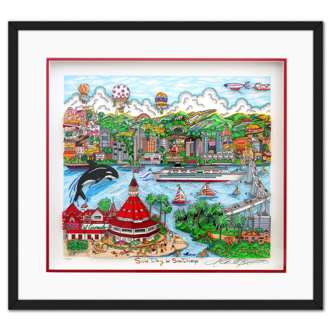 Charles Fazzino- 3D Construction Silkscreen Serigraph "Sun Day in San Diego": Artist: Charles Fazzino. Medium: 3D Construction Silkscreen Serigraph. Title: Sun Day in San Diego. Size: 16" x 18". Measures approx. 22" x 24" (framed). Signature: Hand signed and numbered. Certifica