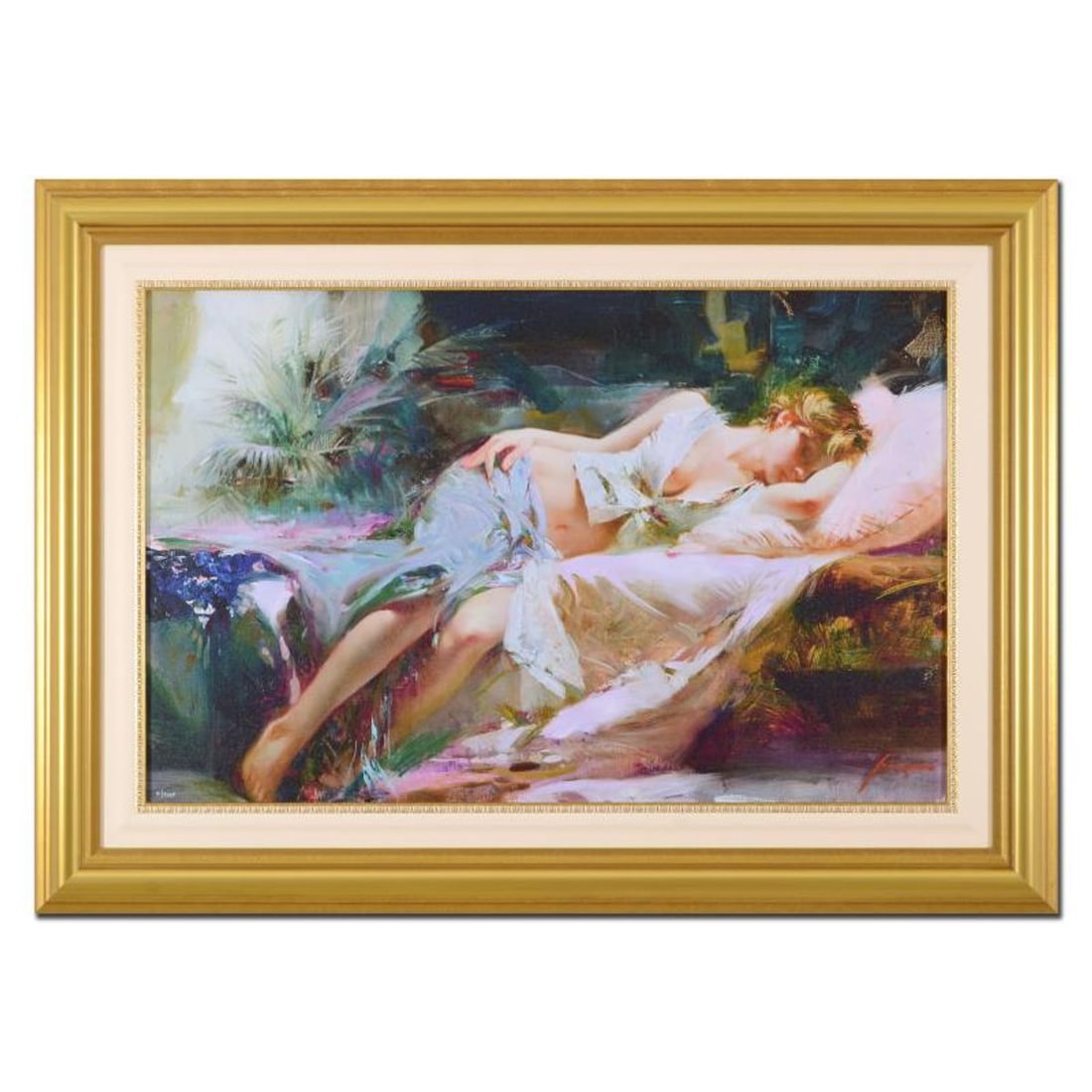 Pino (1939-2010), "Lost in Dreams" Framed Limited Edition Hand Embellished Giclee on Canvas.: Pino's portraits allow glimpses into intensely personal, intimate spaces, conveying emotion through rich, warm color and sensual brushwork. "Lost in Dreams" is a hand embellished limited edition gicle
