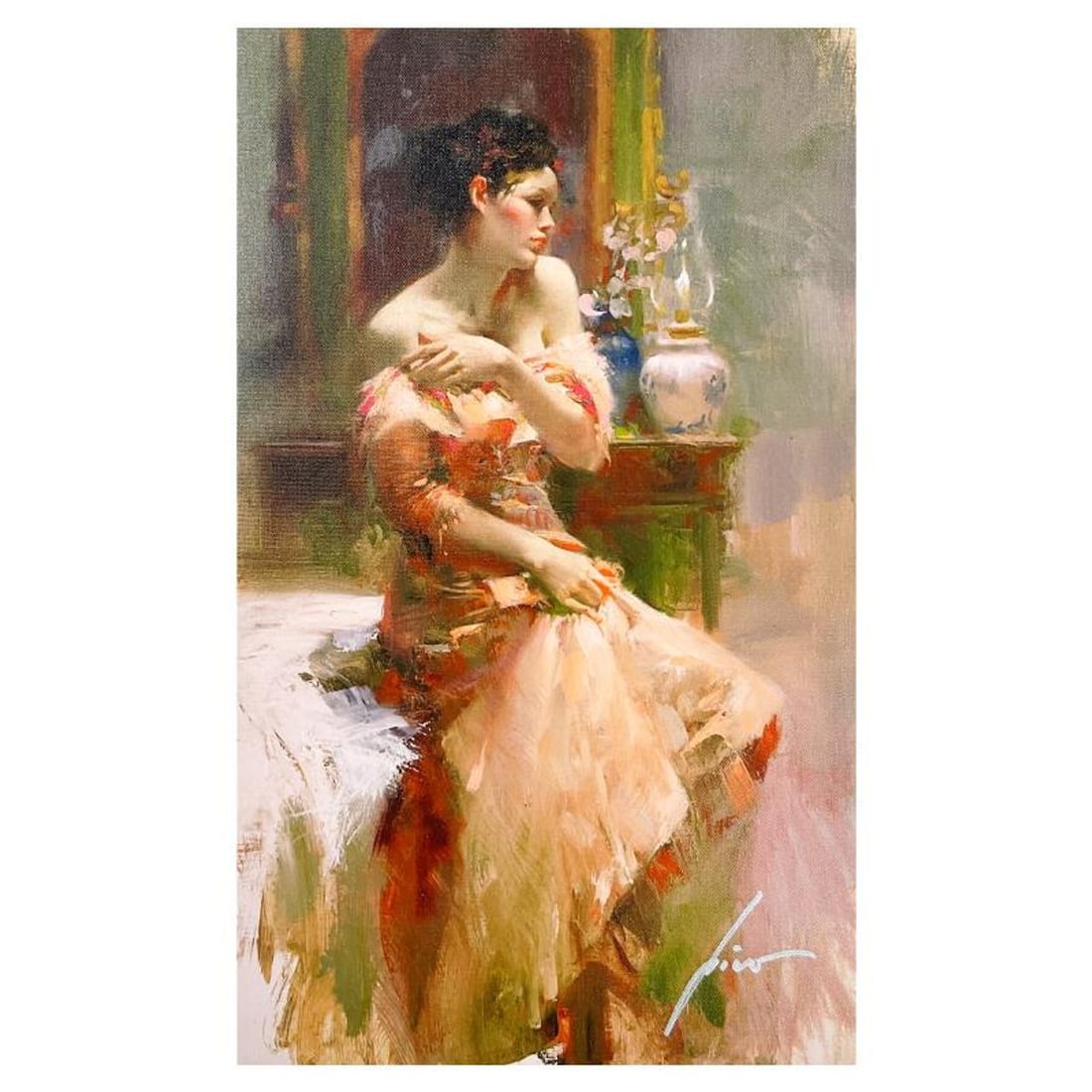 Pino (1939-2010) "Silk Taffeta" Limited Edition on Canvas, Numbered and Hand Signed with Certificate: Silk Taffeta is a limited edition giclee on canvas by Pino (1939-2010), numbered and hand signed by the artist. Includes Certificate of Authenticity. Measures approx. 20" x 12" (image). Reference#: 93