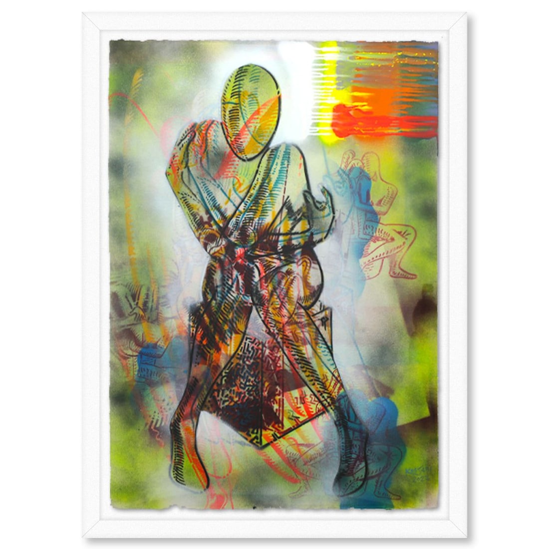 Mark Kostabi- Original Mixed Media on Paper "Cosmic Introspection": Artist: Mark Kostabi. Medium: Original Mixed Media on Paper. Title: Cosmic Introspection. Size: 42" x 29". Measures approx. 47" x 35" (framed). Signature: Hand signed. Certificate of Authenticity: Is 