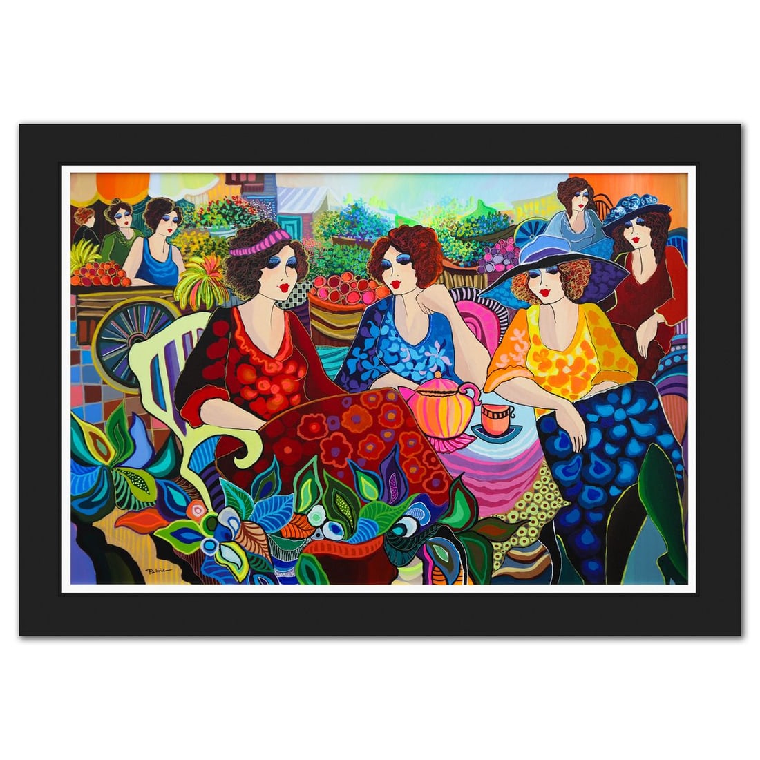 Patricia Govezensky- Original Acrylic on Canvas "Ladies at the Flower Market": Artist: Patricia Govezensky. Medium: Original Acrylic on Canvas. Title: Ladies at the Flower Market. Size: 24" x 36". Measures approx. 29" x 41" (framed). Signature: Hand signed. Certificate of Authen