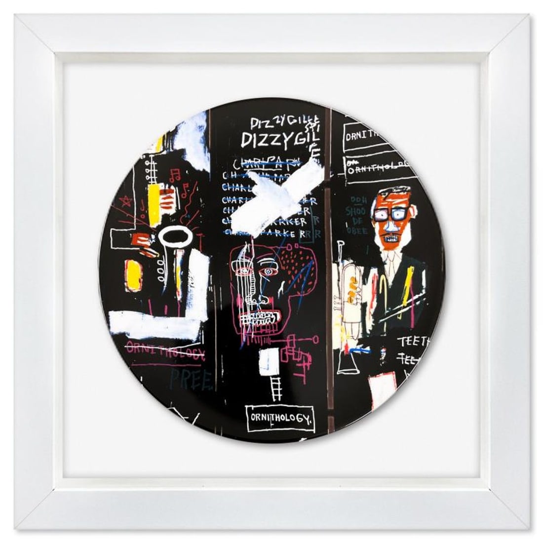 Jean-Michel Basquiat (1960-1988), "Horn Players 1983" Framed Limoges Porcelain Plate.: Horn Players 1983 is a Limoges porcelain plate bearing the plate signature inverso of Jean-Michel Basquiat (1960-1988). This plate is custom framed and floated on linen. Measures approx. 16" x 16" (fr