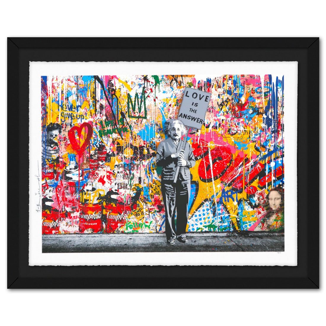 Mr Brainwash- Silkcreen on Paper "M=bw² - Collage, 2024": Artist: Mr Brainwash. Medium: Silkcreen on Paper. Title: M=bw² - Collage, 2024. Size: 22" x 30". Measures approx. 28" x 35" (framed). Signature: Hand signed and numbered. Certificate of Authenticity: